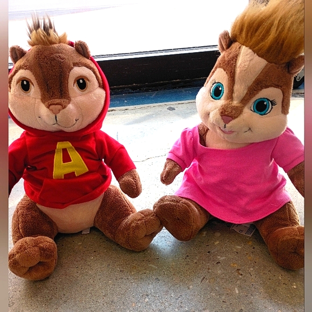 Plush Chipmunk Toy Pair Alvin And Brittney in Red & Pink Hoodies - Kids Toys
